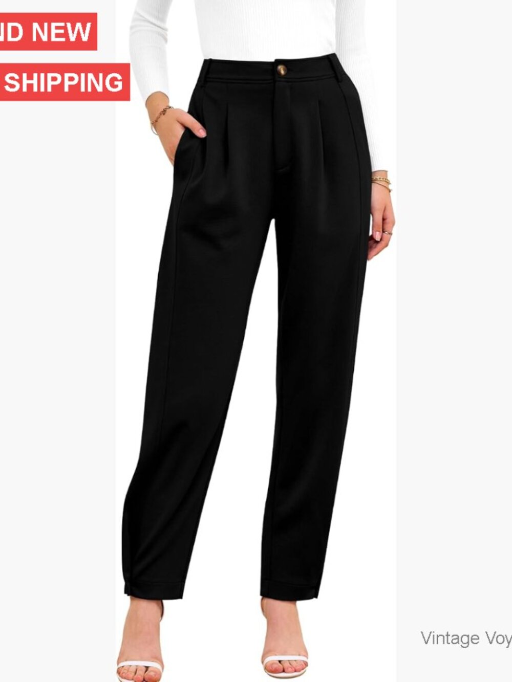 High Rise Pleated Trousers with Elastic Waist, Side Pockets, Stretchy Fabric